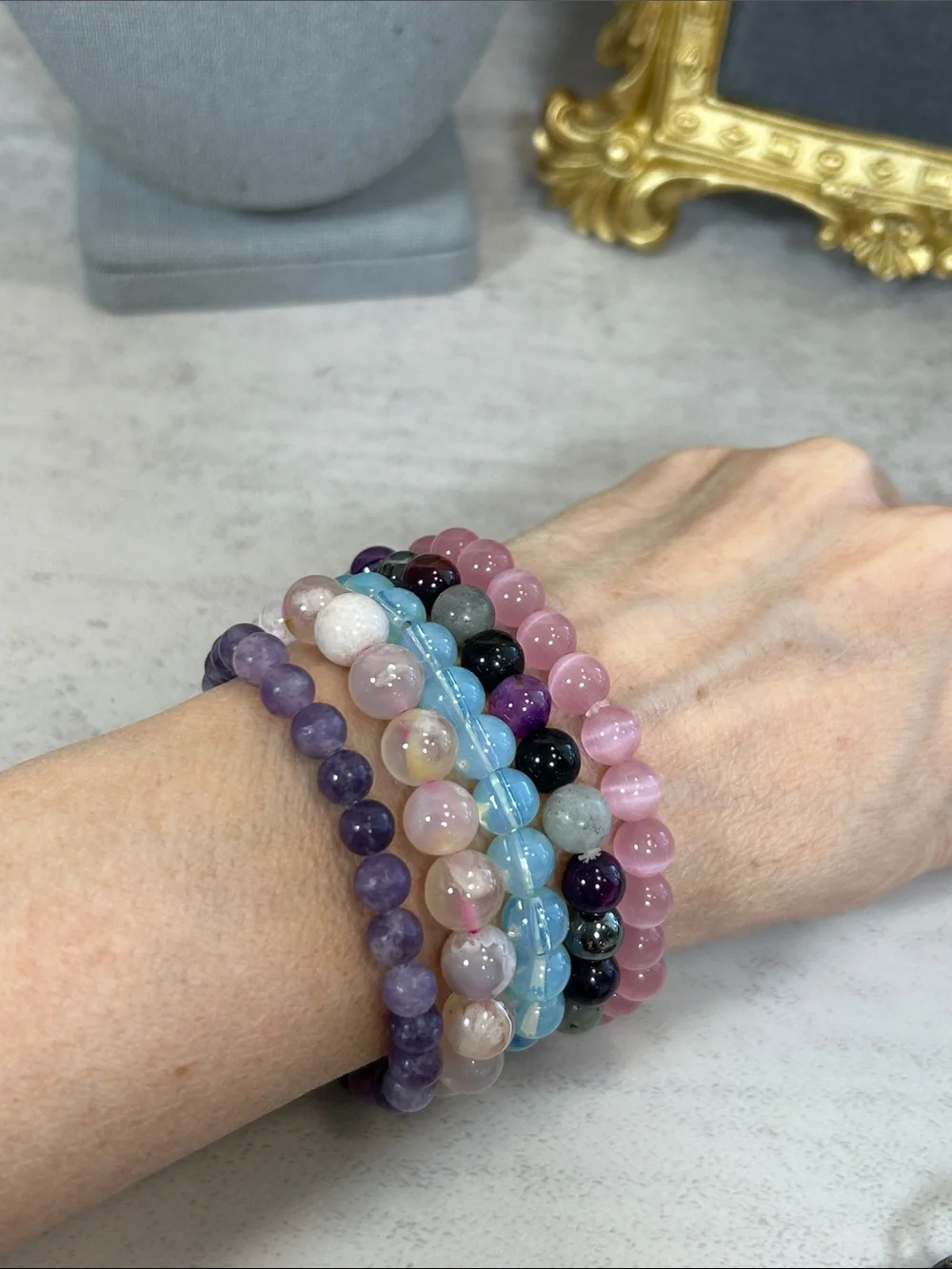 Stacked Pink and Multicolor Bead Stretch Bracelets - Glass & Stone